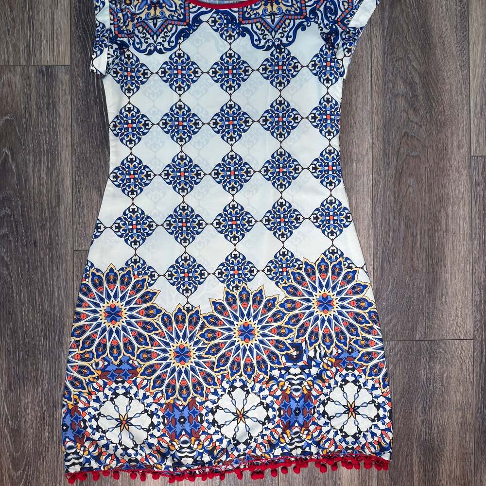 Bohemania Anthropology Boho Print Mini Dress with Pom Pom Trim - Blue, White, Re